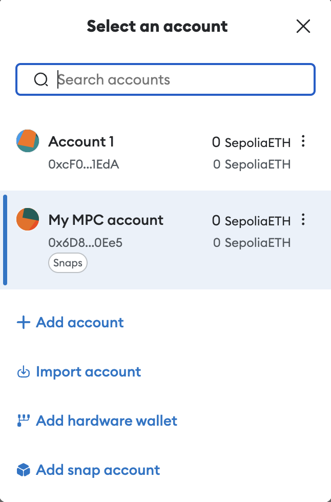 Account management Snap accounts in Metamask UI