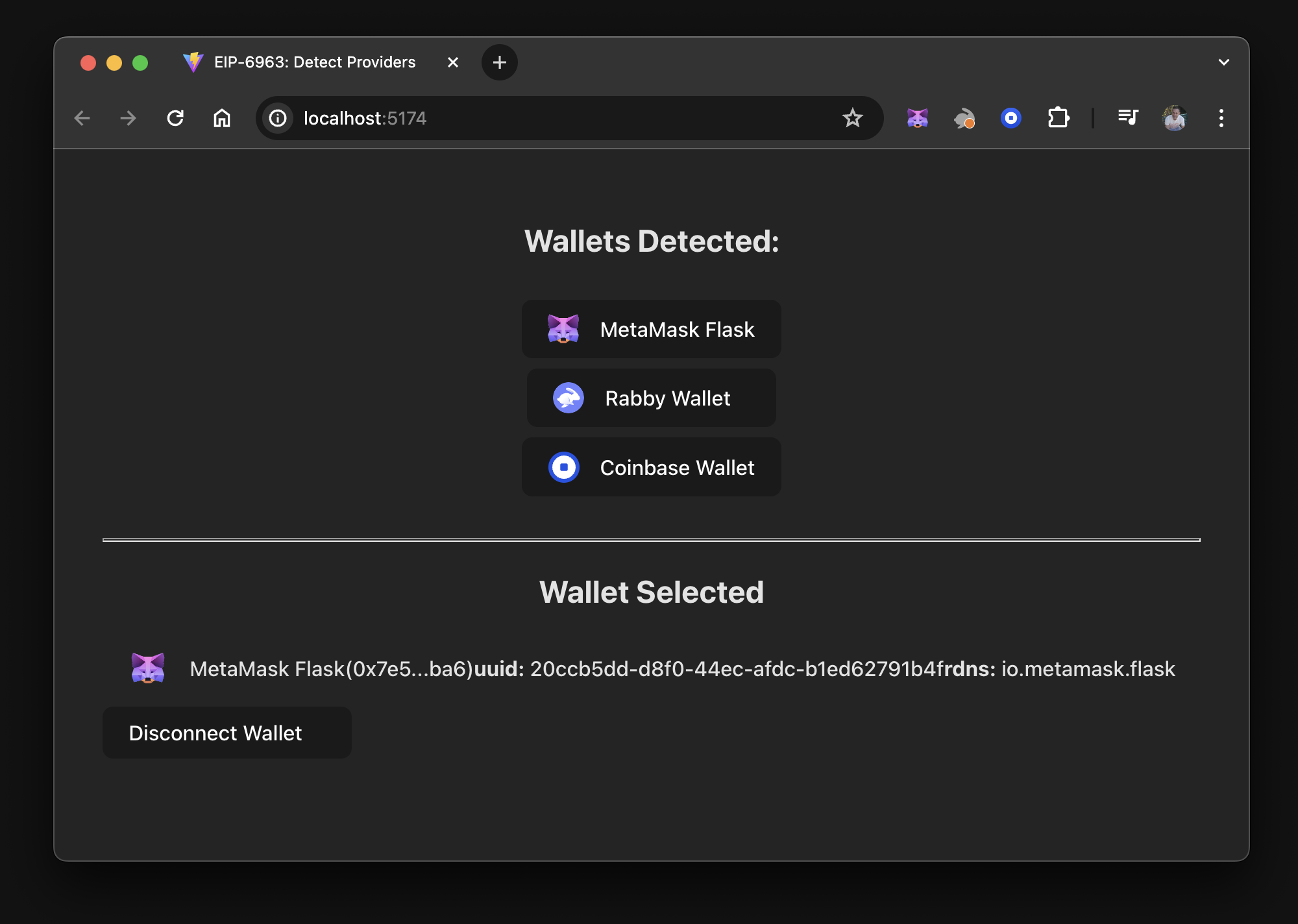 View of SelectedWallet component